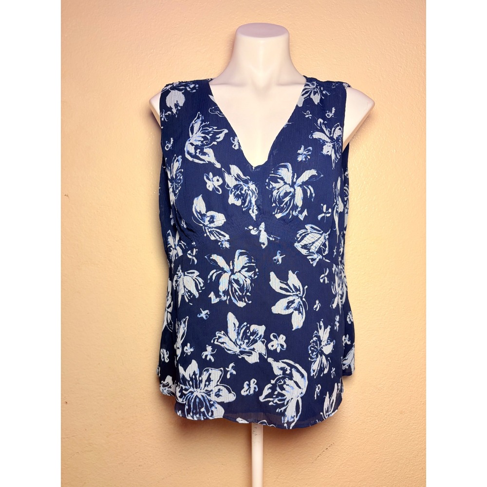 Y2K Covington Navy Blue Floral Sleeveless Blouse Top Smocked Shoulder #11